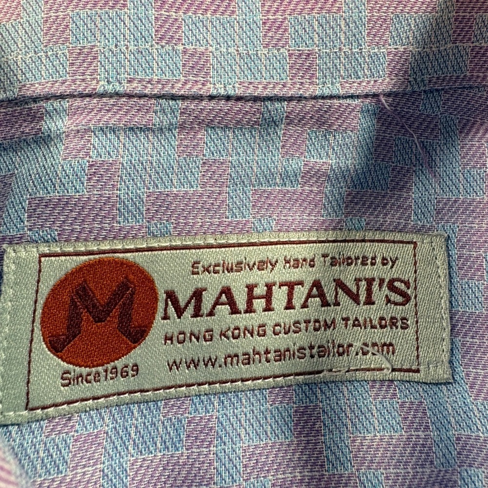 Mahtanis Hong Kong Custom Tailored Dress Shirt Mens M Purple Geometric Pattern - Picture 4 of 9